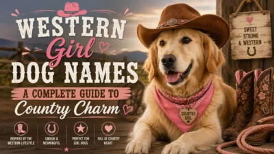 Western girl dog names guide featuring a golden retriever in a cowboy hat and pink bandana