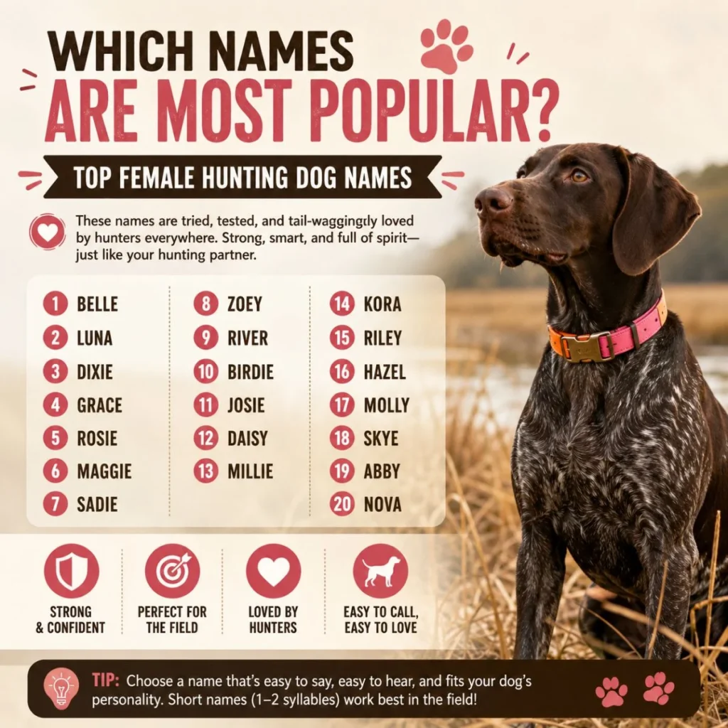 Top 20 most popular female hunting dog names infographic featuring a German Shorthaired Pointer in a field