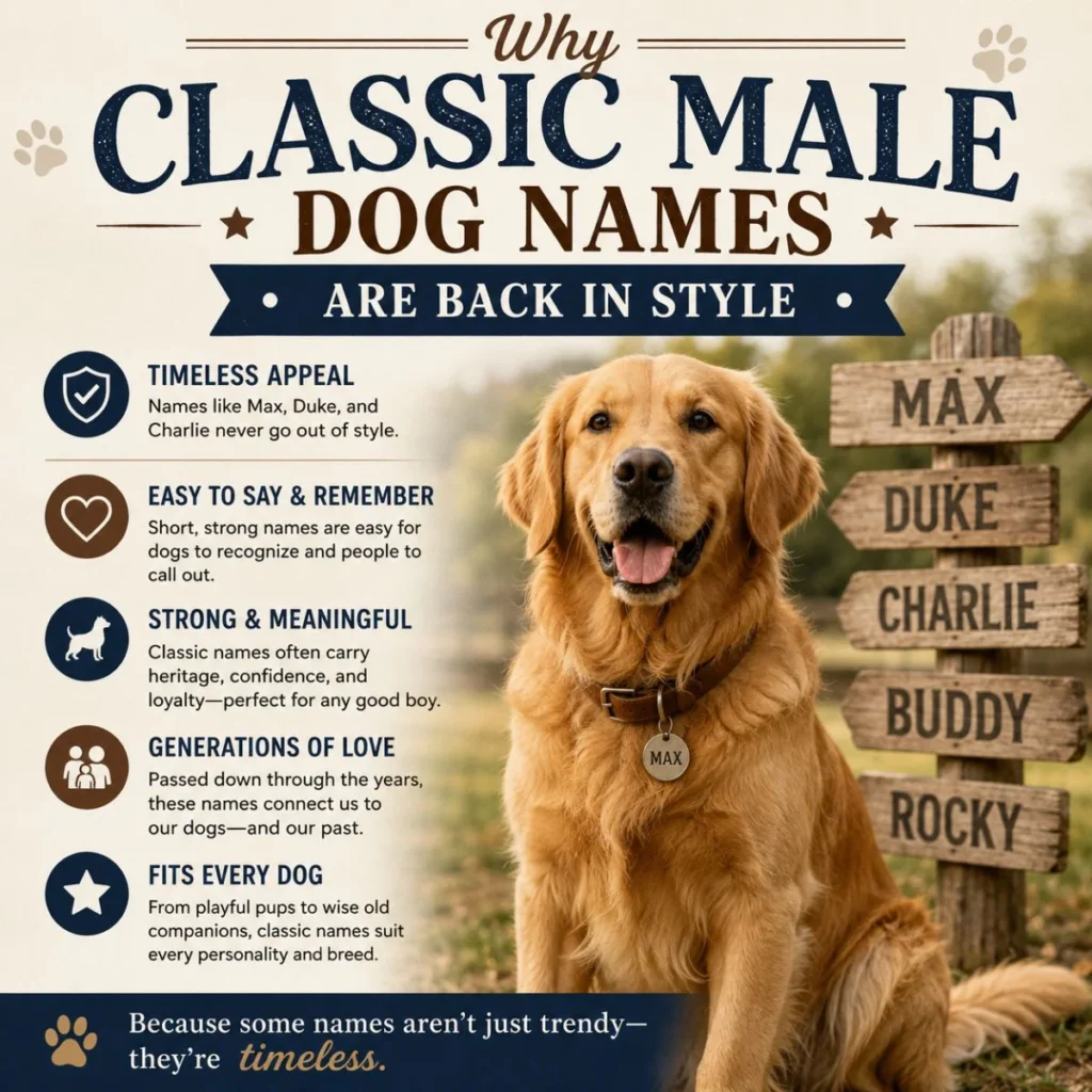 Golden Retriever with classic male dog names infographic explaining why timeless dog names like Max, Duke, and Charlie remain popular.