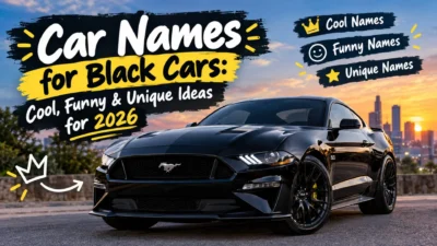 Black sports car with cool, funny, and unique car name ideas for 2026