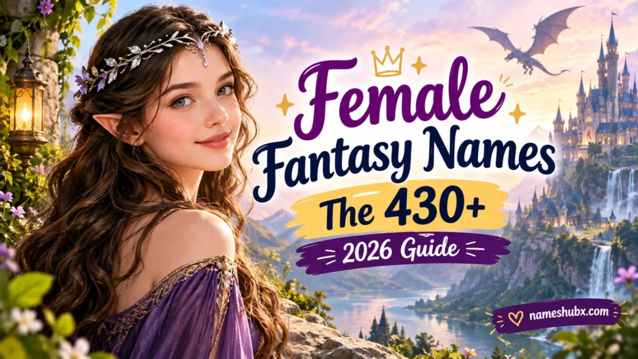 Female fantasy names guide with an enchanting elf woman, castle, dragon, and magical landscape
