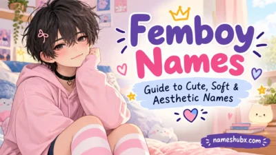 Cute femboy names banner with a soft anime character and pastel bedroom, featuring cute, soft and aesthetic name ideas