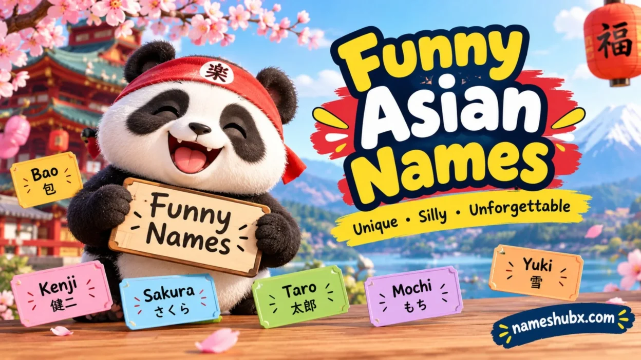 Funny Asian names with a cheerful panda, colorful name cards, and a scenic Asian-inspired background