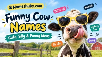 Funny cow names featuring a playful cow wearing yellow sunglasses with cute, silly, and punny name ideas