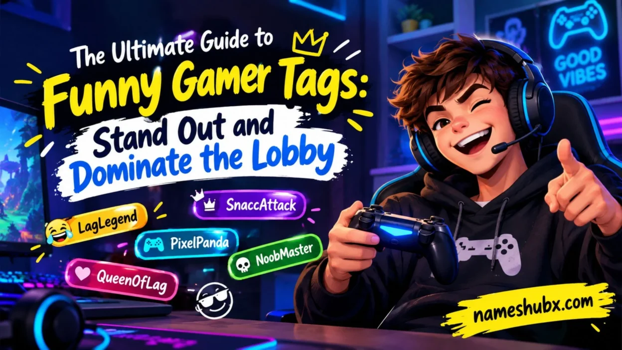 Funny gamer tags guide with a colorful gaming setup, controller, and playful gamer names