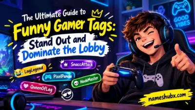 Funny gamer tags guide with a colorful gaming setup, controller, and playful gamer names