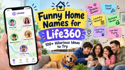 Funny home names for Life360 with a family, dog, smartphone map, and hilarious location name ideas
