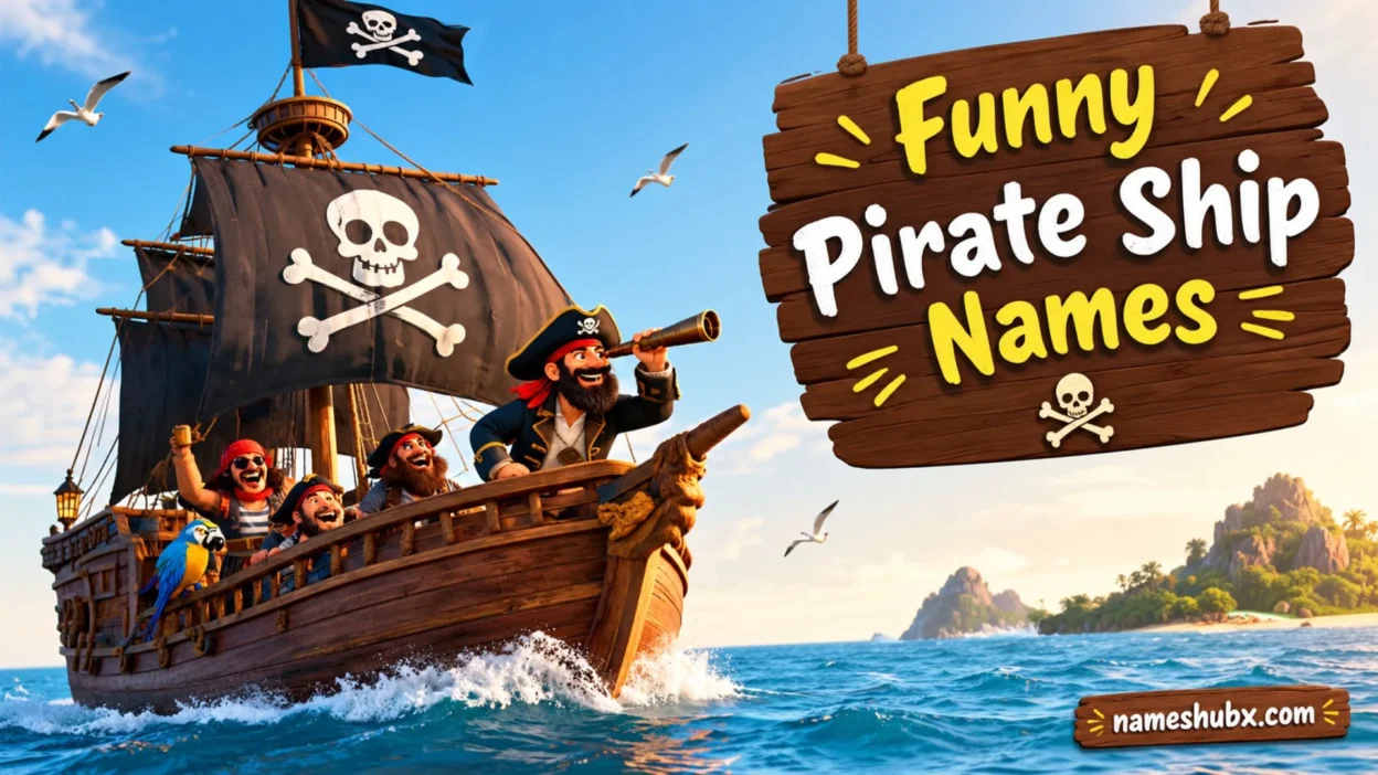 Funny pirate ship names with cartoon pirates sailing on a ship with a skull flag