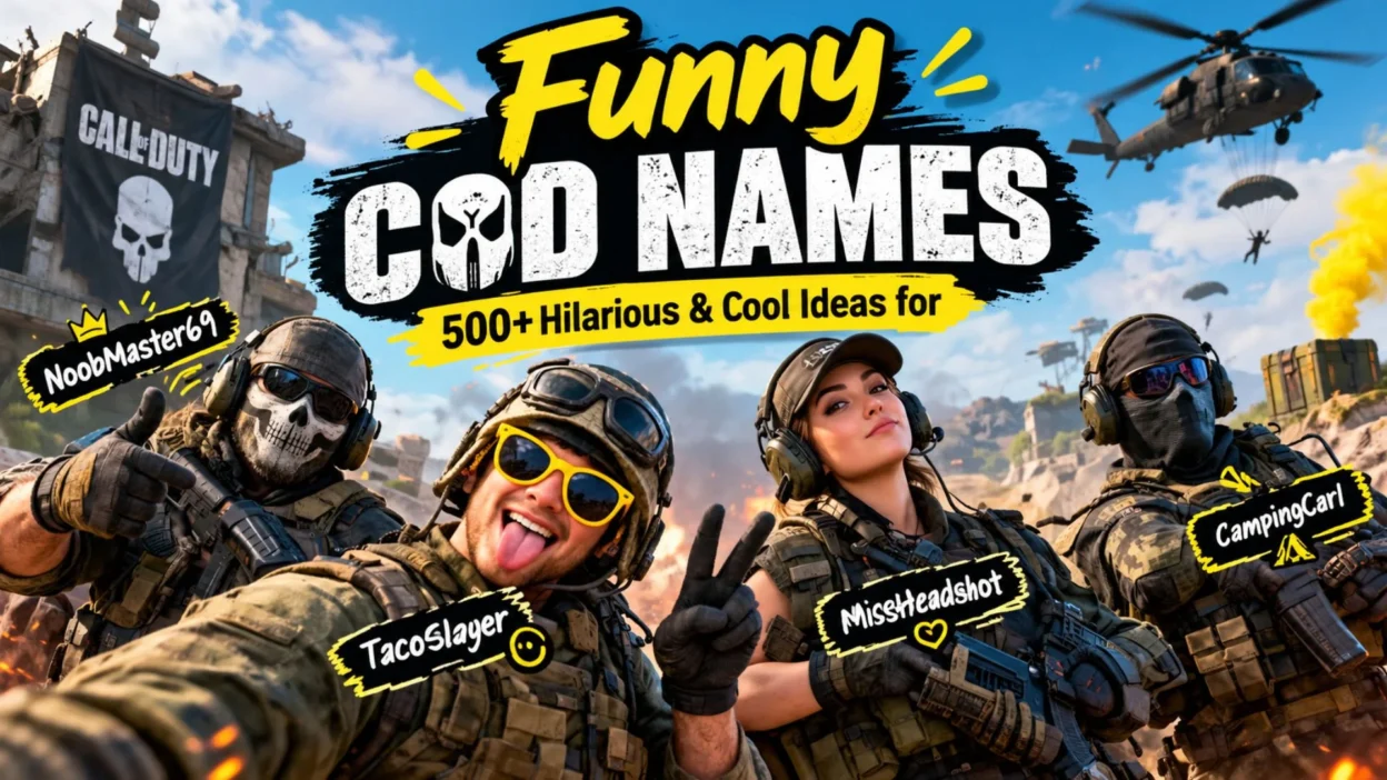 Funny COD names featuring playful soldiers and 500+ hilarious gaming name ideas in a colorful battlefield scene.