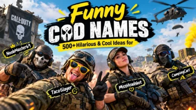 Funny COD names featuring playful soldiers and 500+ hilarious gaming name ideas in a colorful battlefield scene.
