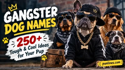 Gangster dog names featuring tough and cool pups in sunglasses, caps, bandanas, and chains