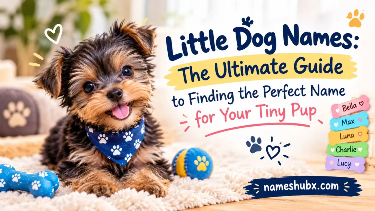 Cute tiny puppy with paw-print bandana and little dog name ideas