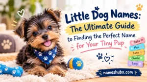 Cute tiny puppy with paw-print bandana and little dog name ideas