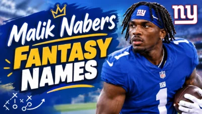 Malik Nabers fantasy names banner featuring the New York Giants wide receiver in his blue number 1 jersey.