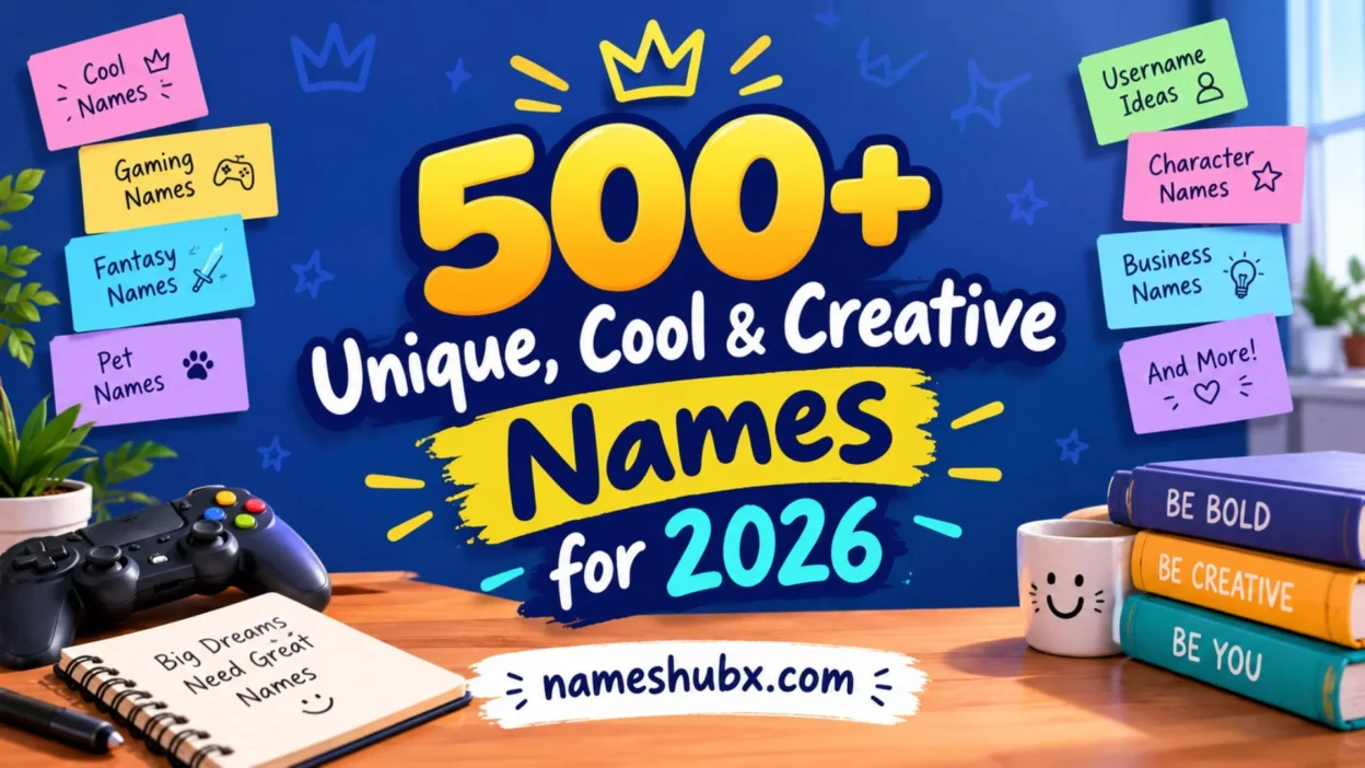 500+ unique, cool and creative name ideas for 2026 with colorful notes, gaming accessories and a creative workspace.