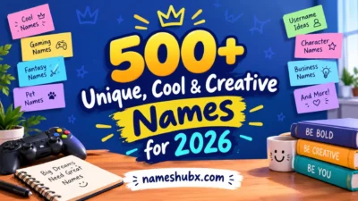 500+ unique, cool and creative name ideas for 2026 with colorful notes, gaming accessories and a creative workspace.