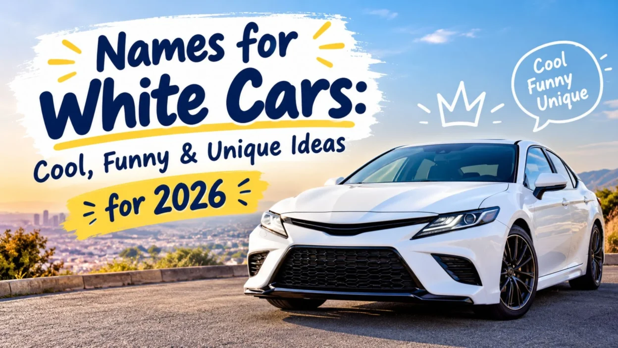 Names for white cars featuring cool, funny, and unique car name ideas for 2026 with a white sports sedan.