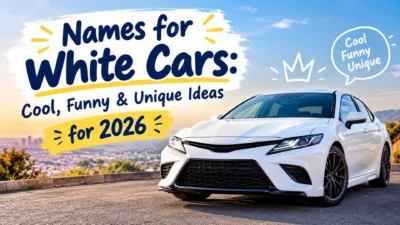 Names for white cars featuring cool, funny, and unique car name ideas for 2026 with a white sports sedan.