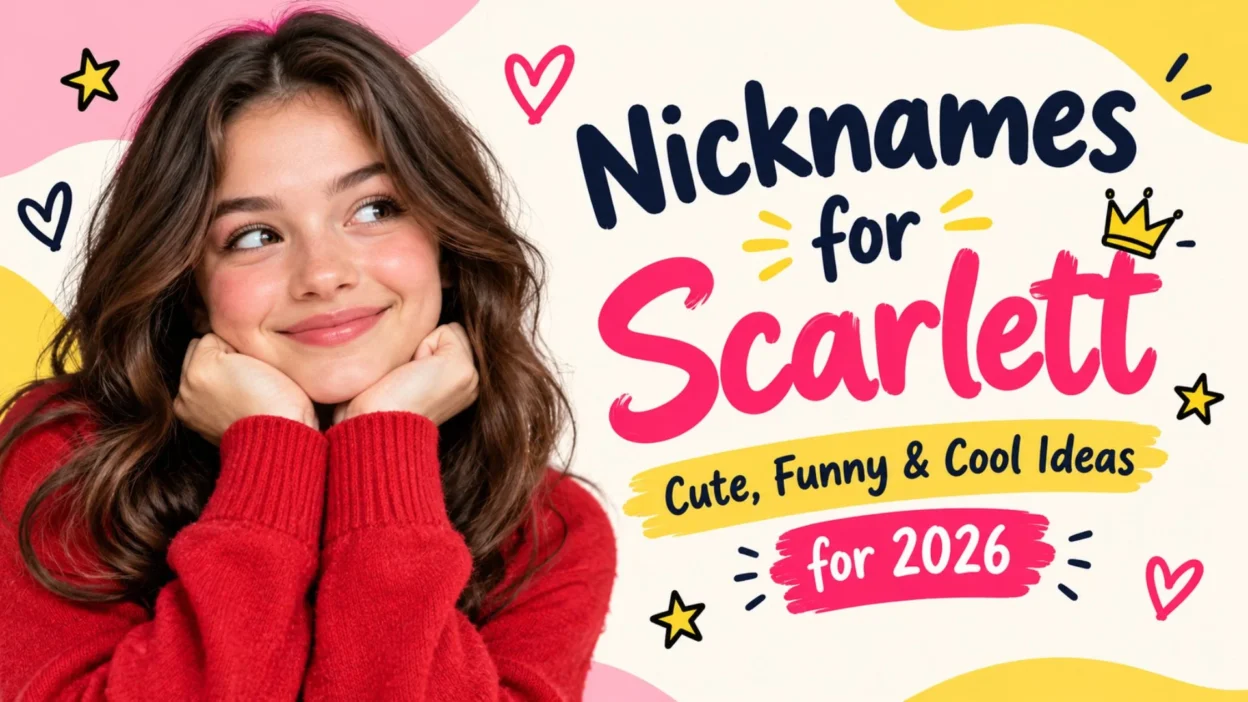 Cute, funny, and cool nicknames for Scarlett in 2026 with a smiling woman and playful pink and yellow designs.