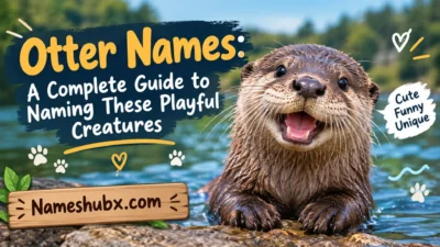 Cute otter in water with “Otter Names” guide title and Nameshubx.com