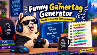 Funny gamertag generator with a llama gamer, gaming setup, and hilarious gaming name ideas
