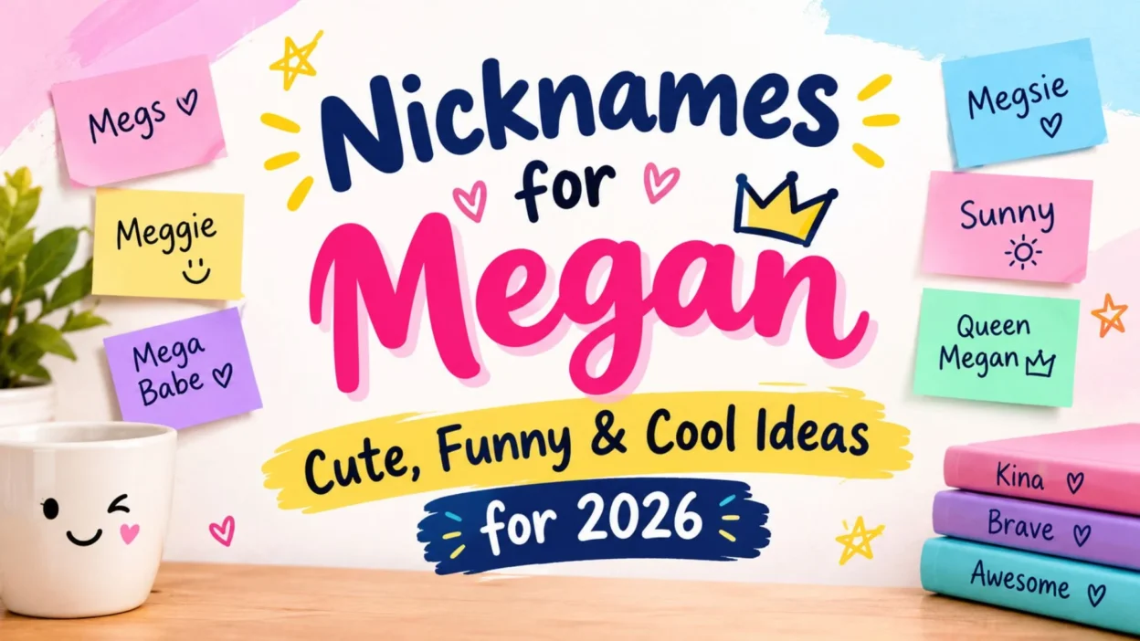 Nicknames for Megan featuring cute, funny, and cool nickname ideas for 2026 in a colourful pastel design.