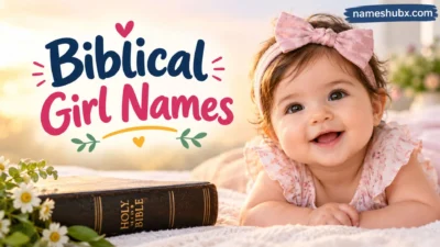 Biblical girl names with a smiling baby girl, pink bow, Bible, flowers, and soft pastel background