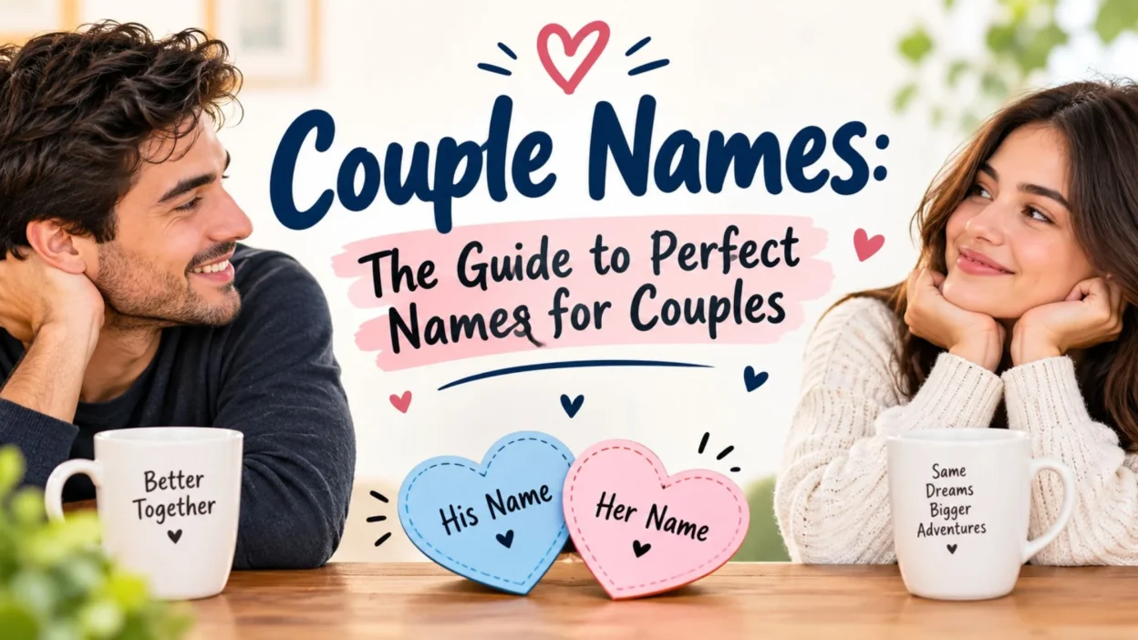 Couple names guide banner featuring a smiling couple, romantic hearts, and creative name ideas for couples.