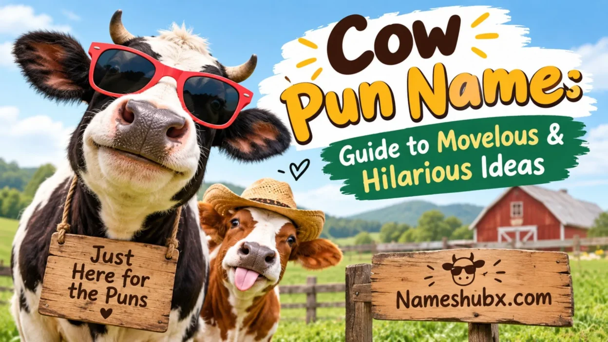 Funny cow pun names with a cow wearing red sunglasses on a farm with humorous cow name ideas