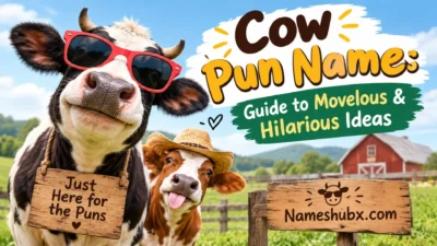 Funny cow pun names with a cow wearing red sunglasses on a farm with humorous cow name ideas