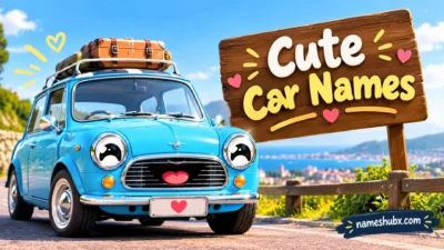 Cute car names with a cheerful blue vintage car and colourful heart accents