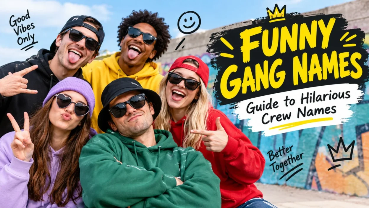 Funny gang names banner featuring a group of friends in colorful hoodies and sunglasses with a guide to hilarious crew names.