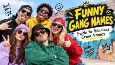 Funny gang names banner featuring a group of friends in colorful hoodies and sunglasses with a guide to hilarious crew names.
