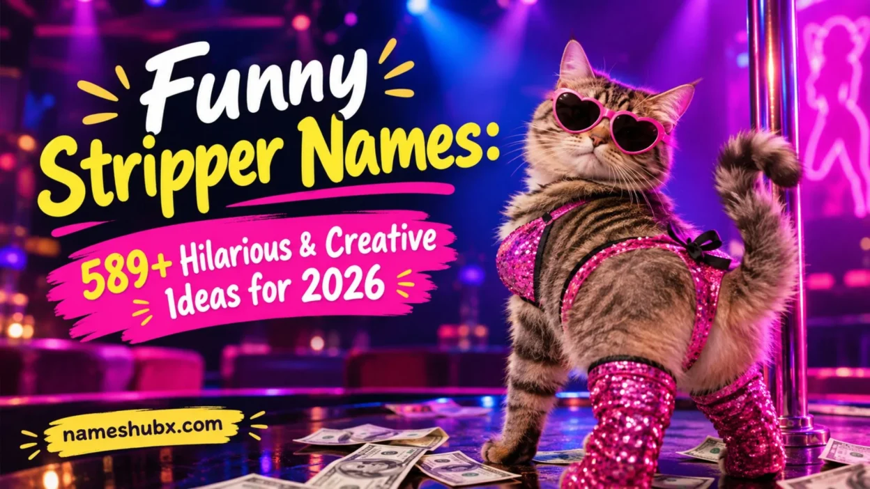 Funny stripper names graphic featuring a cat in pink glitter attire, heart-shaped sunglasses, and neon club lighting.