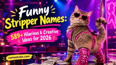 Funny stripper names graphic featuring a cat in pink glitter attire, heart-shaped sunglasses, and neon club lighting.