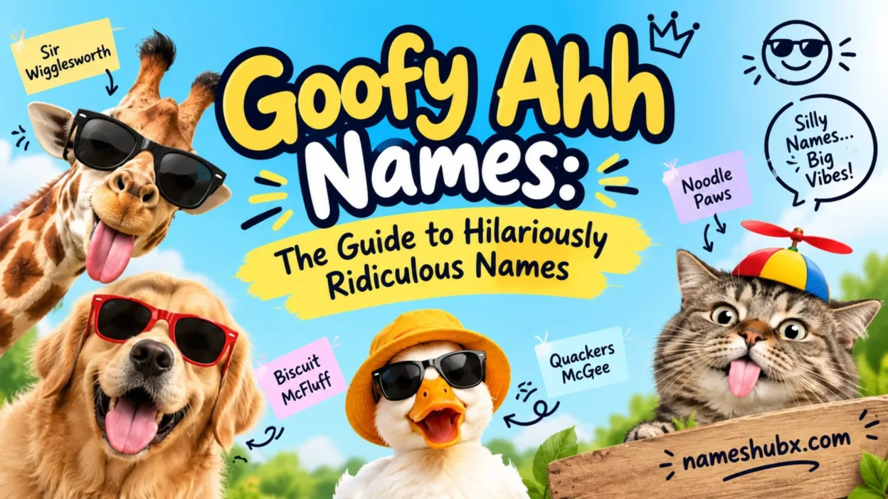 Goofy ahh names banner with funny animals wearing sunglasses, silly hats, and hilarious cartoon expressions.