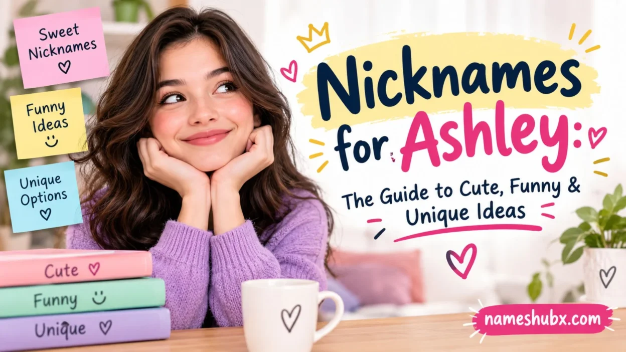 Cute, funny, and unique nicknames for Ashley featuring a smiling woman, colourful notes, and playful hearts.