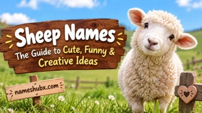 Cute sheep standing in a sunny green field with a sign featuring sheep names and creative naming ideas